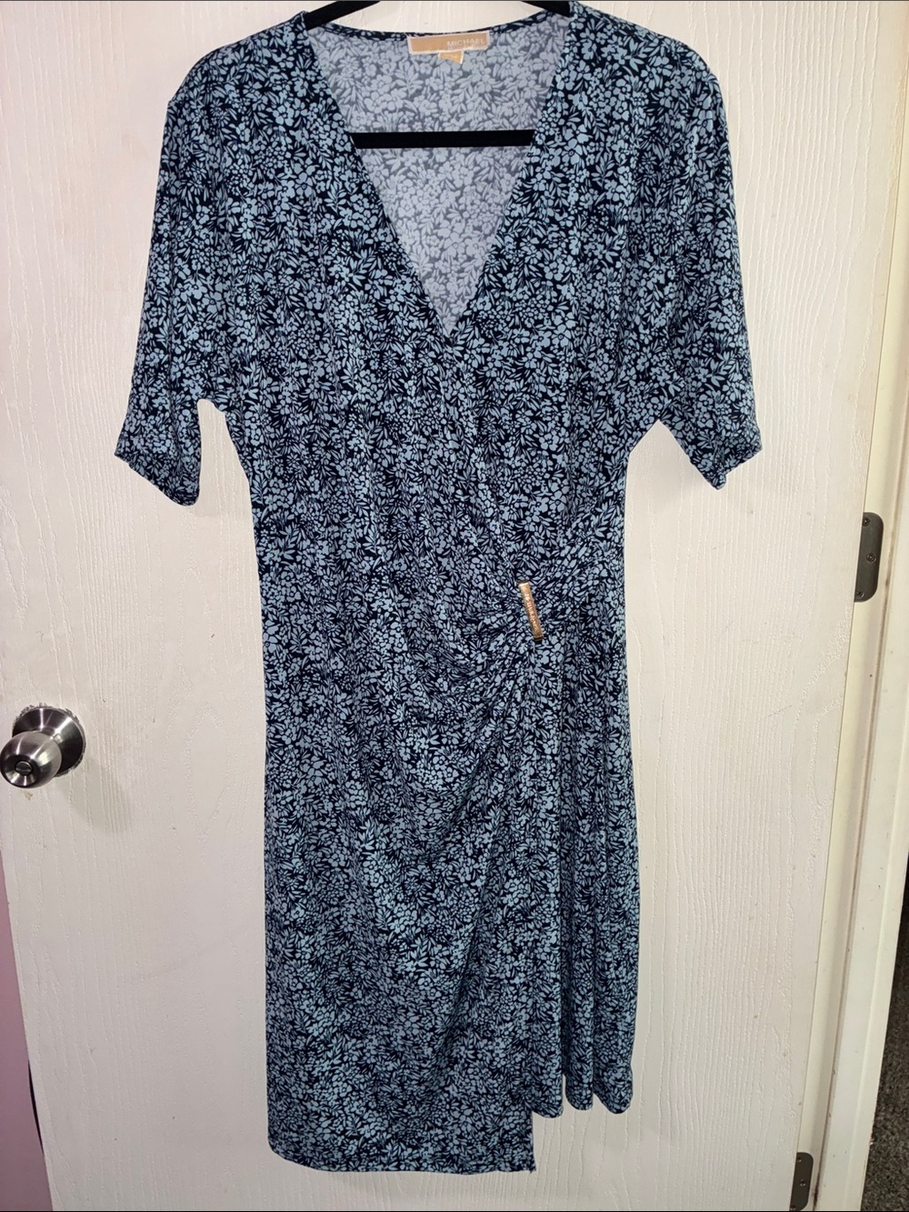 Michael Kors Navy and Light Blue Floral Wrap Midi Dress